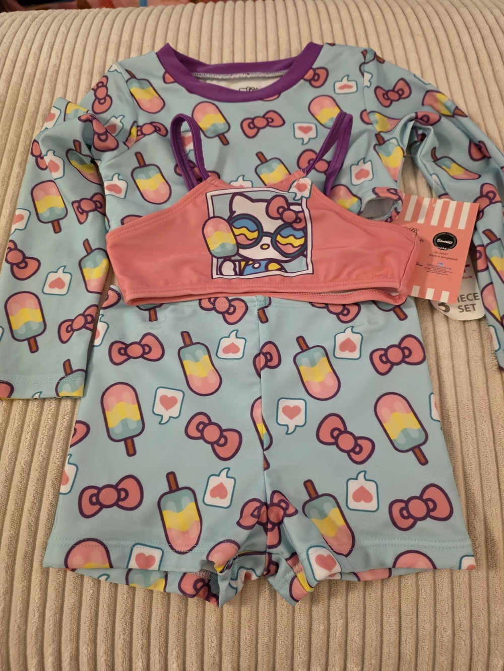 Girls' Hello Kitty Pink & Aqua Popsicle Three-Piece Swim Set